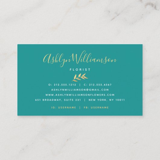 熱帯パームエレガント金ゴールドティール（緑がかった色）緑のグラデーション台本 名刺 (裏面)