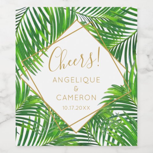 熱帯パームグリーンと金ゴールド幾何学模様 ワインラベル (シングルラベル)