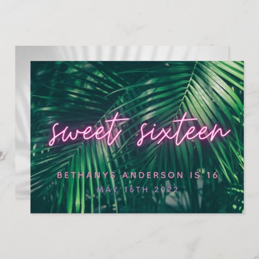 熱帯パームグリーンのネオンスクリプト甘い16誕生日 セーブザデート (正面/裏面)