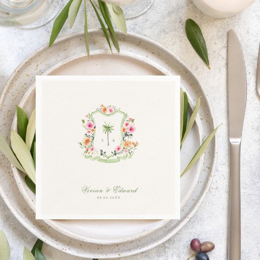 熱帯パームツリークレストモノグラム夏結婚の スタンダードカクテルナプキン