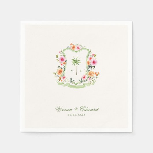 熱帯パームツリークレストモノグラム夏結婚の スタンダードカクテルナプキン (正面)