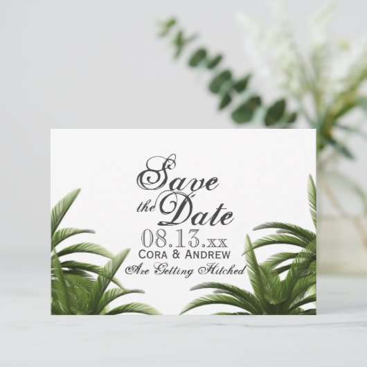 熱帯パームツリーグリーンウェディング日を保存 招待状 (スタンド正面)