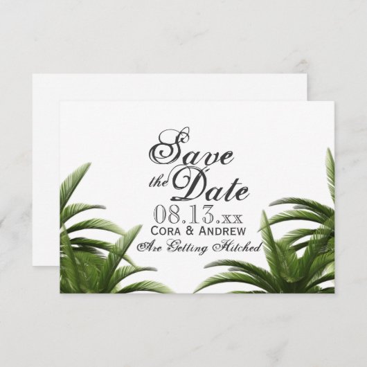 熱帯パームツリーグリーンウェディング日を保存 招待状 (正面/裏面)