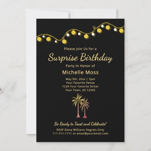 熱帯パームツリーズ大人のサプライズ誕生日パーティー 招待状 (正面)
