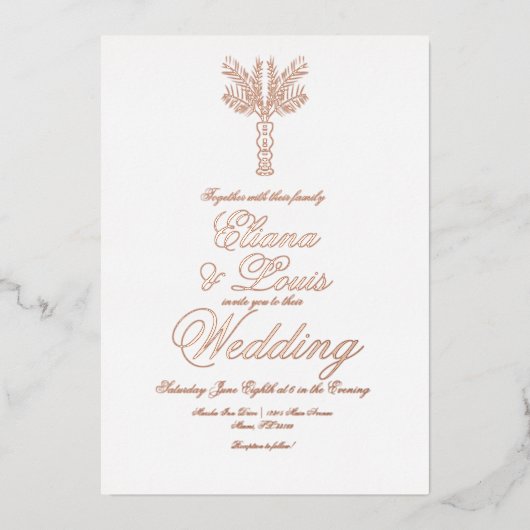 熱帯パームツリーハンドドロー結婚ドのプレス 箔招待状 (正面)