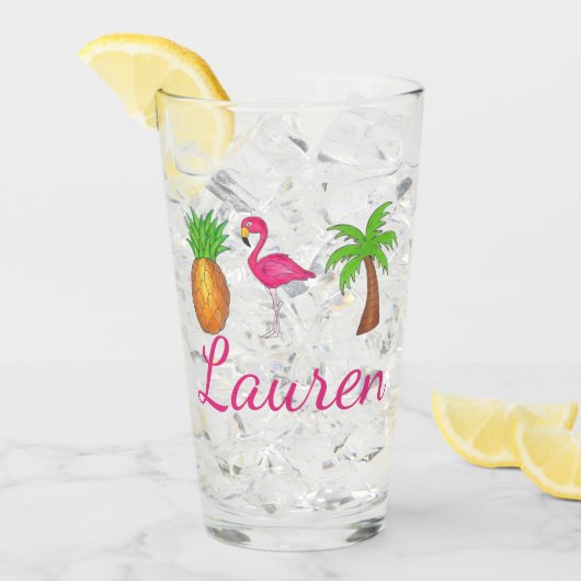 熱帯パームツリーパイナップルピンクフラミンゴ タンブラーグラス (アイス正面)