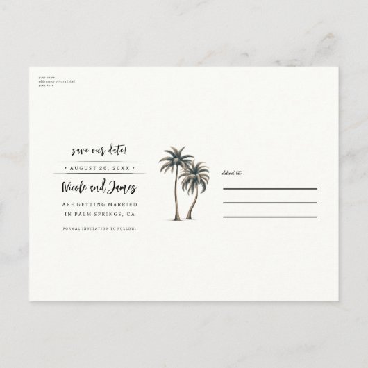 熱帯パームツリー沿岸の結婚式は日付を保存 案内ポストカード (裏面)