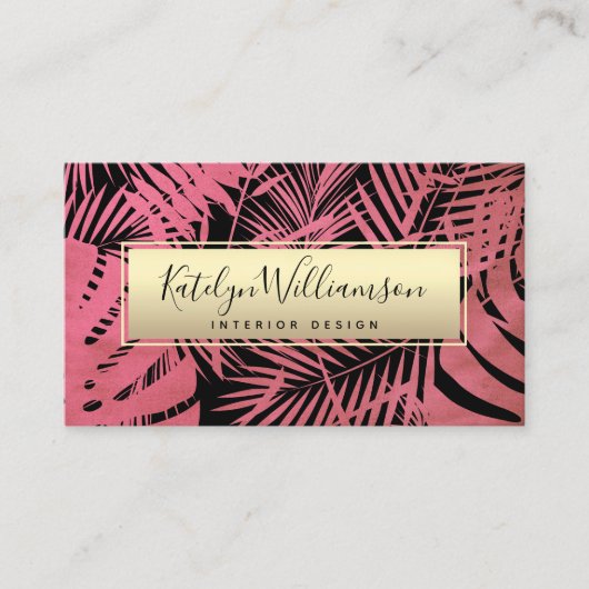 熱帯パームピンク金ゴールドエレガントスクリプトタイポグラフィ 名刺 (正面)