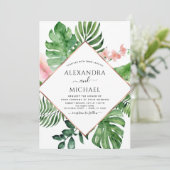 熱帯パームフォトウォーターカラージオメトリック結婚ス 招待状 (スタンド正面)