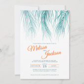 熱帯パームフロンドウォーター色ティール（緑がかった色）オレン結婚ジ 招待状 (正面)