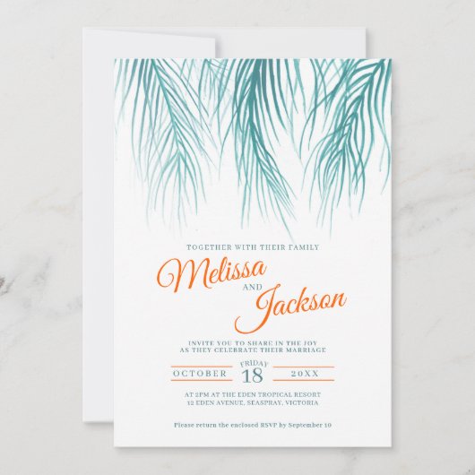 熱帯パームフロンドウォーター色ティール（緑がかった色）オレン結婚ジ 招待状 (正面)