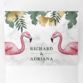 熱帯パームホワイトマーブルフラミンゴカップル結婚ズ 三つ折り招待状 (内部最初)