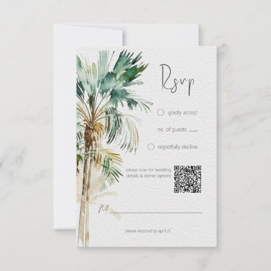 熱帯パームモダン結婚木のQRコード 出欠カード (正面)