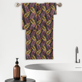 熱帯パームリーフフロンズパターンブラックピンク金ゴールド バスタオルセット