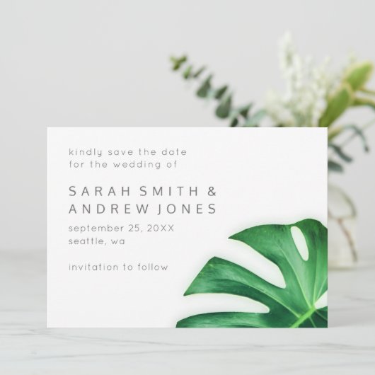 熱帯パームリーフミニマリスト日付を保存 セーブザデート (スタンド正面)