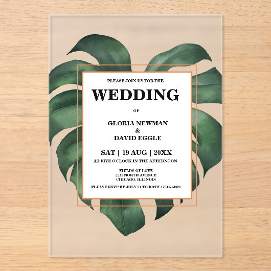 熱帯パームリーフモンステラ結婚ス アクリル招待状 (正面)