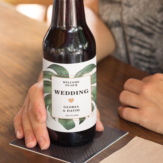 熱帯パームリーフモンステラ結婚ス ビールラベル