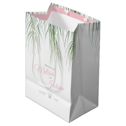 熱帯パーム結婚の感謝してい濃い緑のピンク色の白 ミディアムペーパーバッグ (正面アングル)