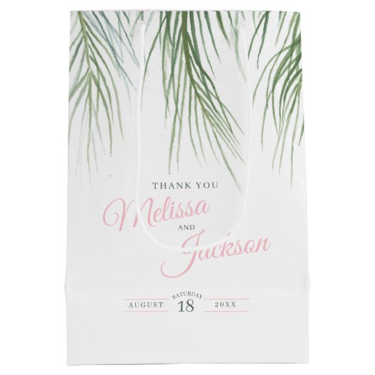熱帯パーム結婚の感謝してい濃い緑のピンク色の白 ミディアムペーパーバッグ (裏面)
