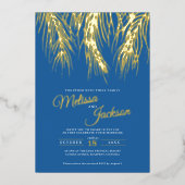 熱帯パーム結婚フロントの青金ゴールド箔 箔招待状 (正面)