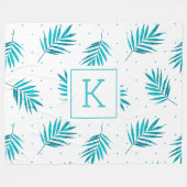 熱帯パーム葉の模様は白と青 – 緑 フリースブランケット (正面(横))