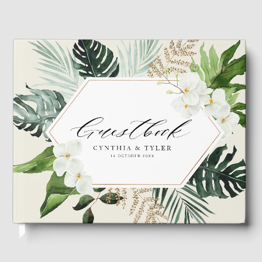 熱帯パーム葉の緑結婚草のゲストブック ゲストブック (正面)