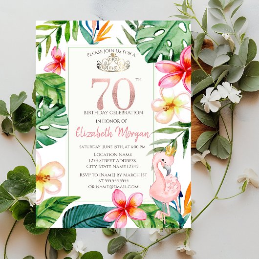 熱帯パーム葉の花ピンクのフラミンゴ70th 招待状
