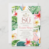 熱帯パーム葉の花ピンクのフラミンゴ80th 招待状 (正面)