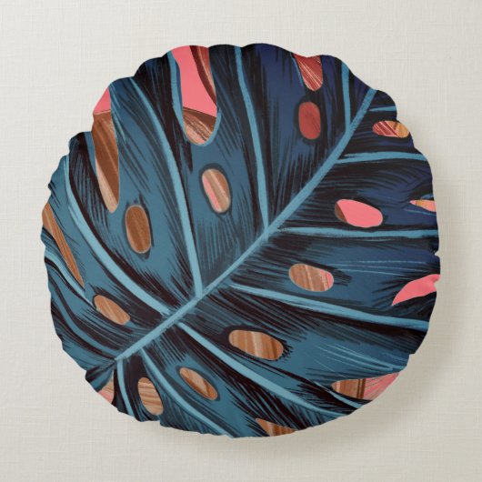 熱帯パーム葉モンステラモダン ラウンドクッション (正面)
