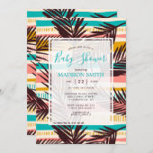 熱帯パーム葉夏のの赤ストライプちゃんシャワー 招待状 (正面/裏面)