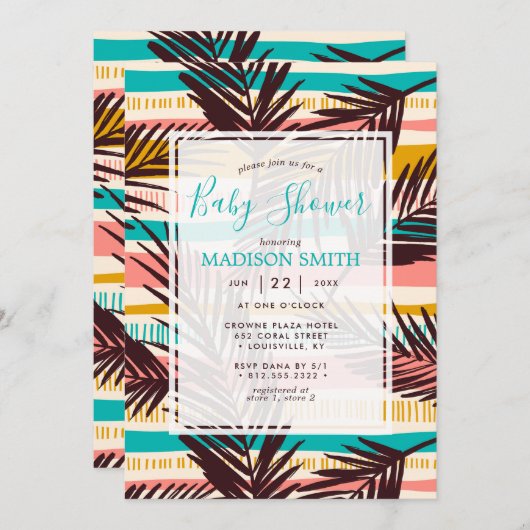 熱帯パーム葉夏のの赤ストライプちゃんシャワー 招待状 (正面/裏面)
