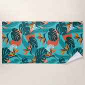 熱帯パーム離れとハイビスカスの花柄 ビーチタオル (正面)