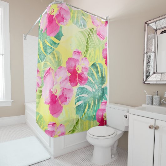 熱帯パーム離れとハイビスカスの花 シャワーカーテン (インサイチュ)