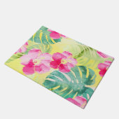 熱帯パーム離れとピンクのハイビスカスの花 ドアマット (アングル)