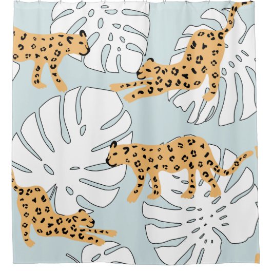 熱帯ヒョウ動物とモンステ葉ラヤシe シャワーカーテン (正面)