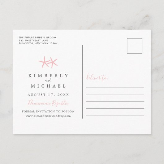 熱帯ビーチと砂のハート日付Annouを保存 案内ポストカード (裏面)