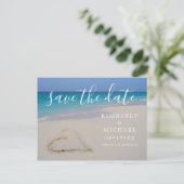 熱帯ビーチと砂のハート日付Annouを保存 案内ポストカード (スタンド正面)