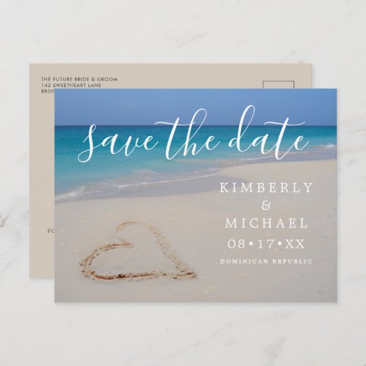 熱帯ビーチと砂のハート日付Annouを保存 案内ポストカード (正面/裏面)