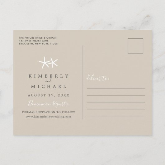 熱帯ビーチと砂のハート日付Annouを保存 案内ポストカード (裏面)