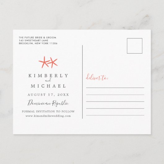 熱帯ビーチと砂ハート保存日付 案内ポストカード (裏面)