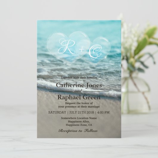 熱帯ビーチのハートの泡結婚式招待状 招待状 (スタンド正面)