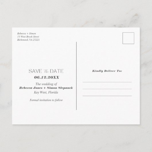 熱帯ビーチのパームツリーウェディング日付を保存 案内ポストカード (裏面)