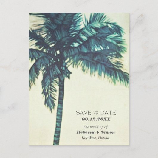 熱帯ビーチのパームツリーウェディング日付を保存 案内ポストカード (正面)