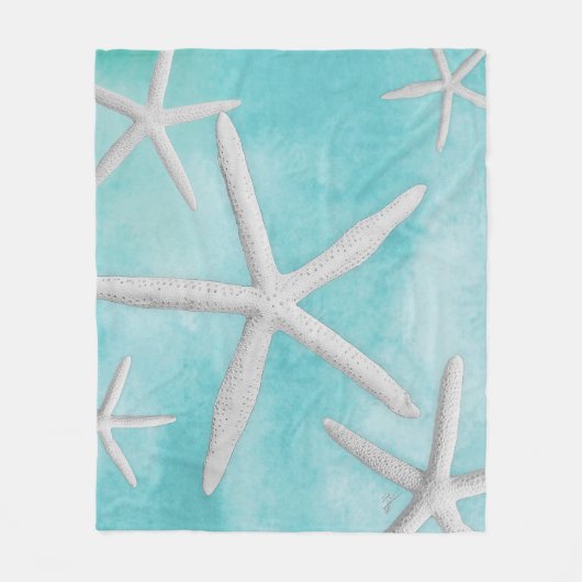 熱帯ビーチのヒトデの海のターコイズの水彩画 フリースブランケット (正面)