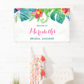 熱帯ビーチのピンクのティール（緑がかった色）の花柄のブライダルシャワー 横断幕 (インサイチュ)