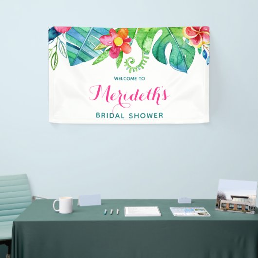 熱帯ビーチのピンクのティール（緑がかった色）の花柄のブライダルシャワー 横断幕 (トレードショー)