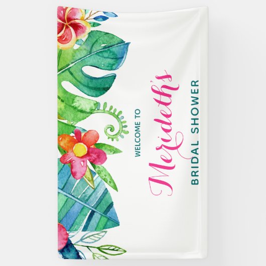 熱帯ビーチのピンクのティール（緑がかった色）の花柄のブライダルシャワー 横断幕 (縦)