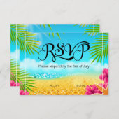 熱帯ビーチのピンクのハイビスカスバルミツワーRSVP 出欠カード (正面/裏面)