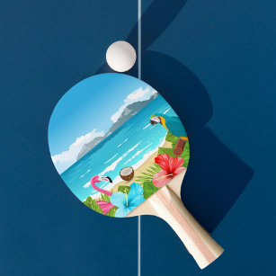熱帯ビーチのフラミンゴのハイビスカスピンク花模様 卓球ラケット