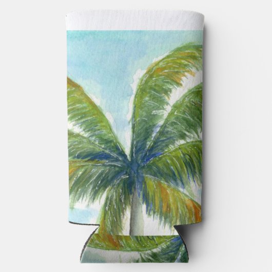 熱帯ビーチのヤシの木で晴れた日 スリム缶クーラー (裏面)